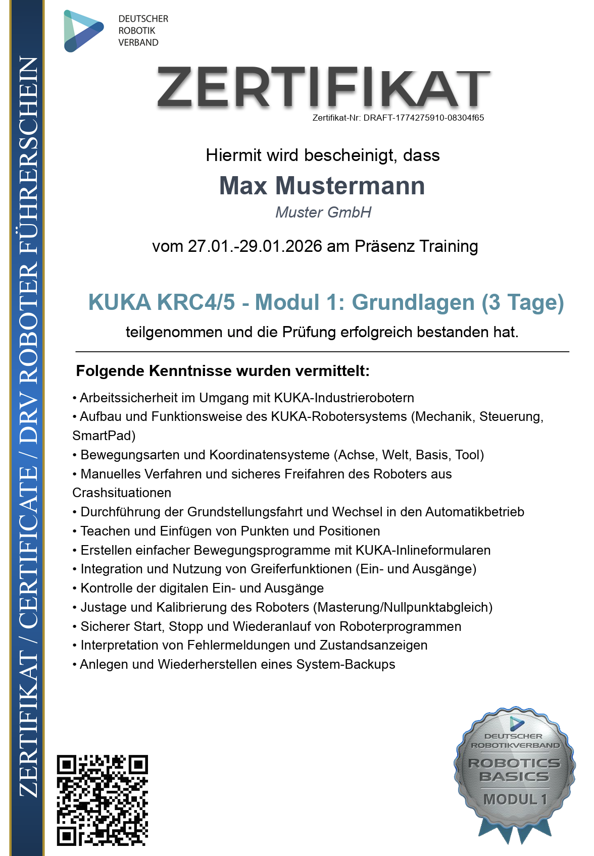 Beispiel-Zertifikat des Roboterführerscheins