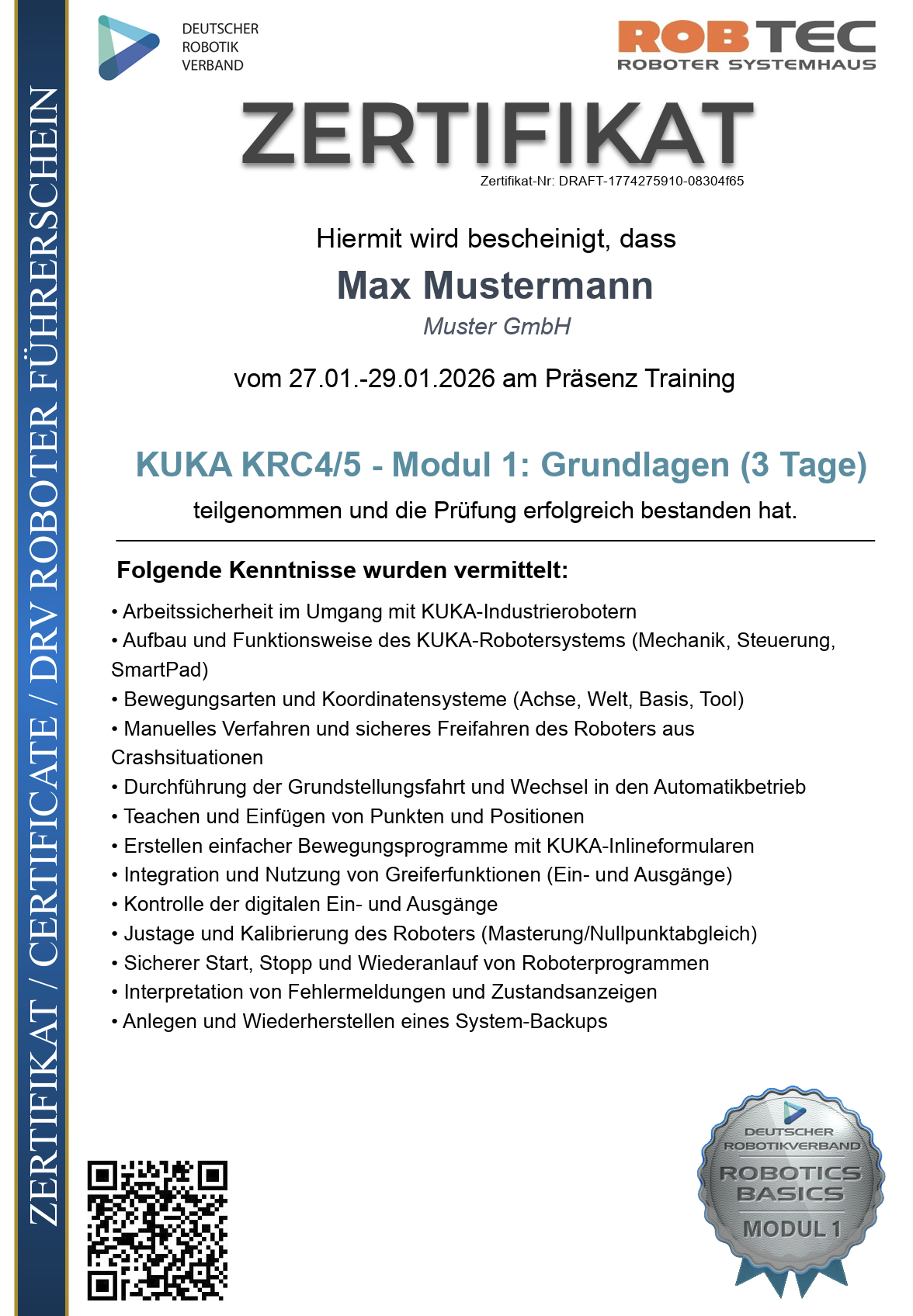 Beispiel-Zertifikat des Roboterführerscheins